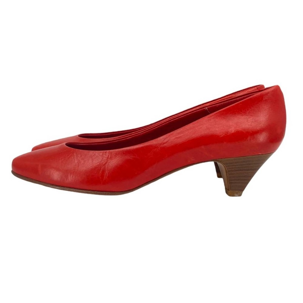 Vintage 80s Red Leather Wood Stacked Kitten Heel Pumps - Picture 2 of 14